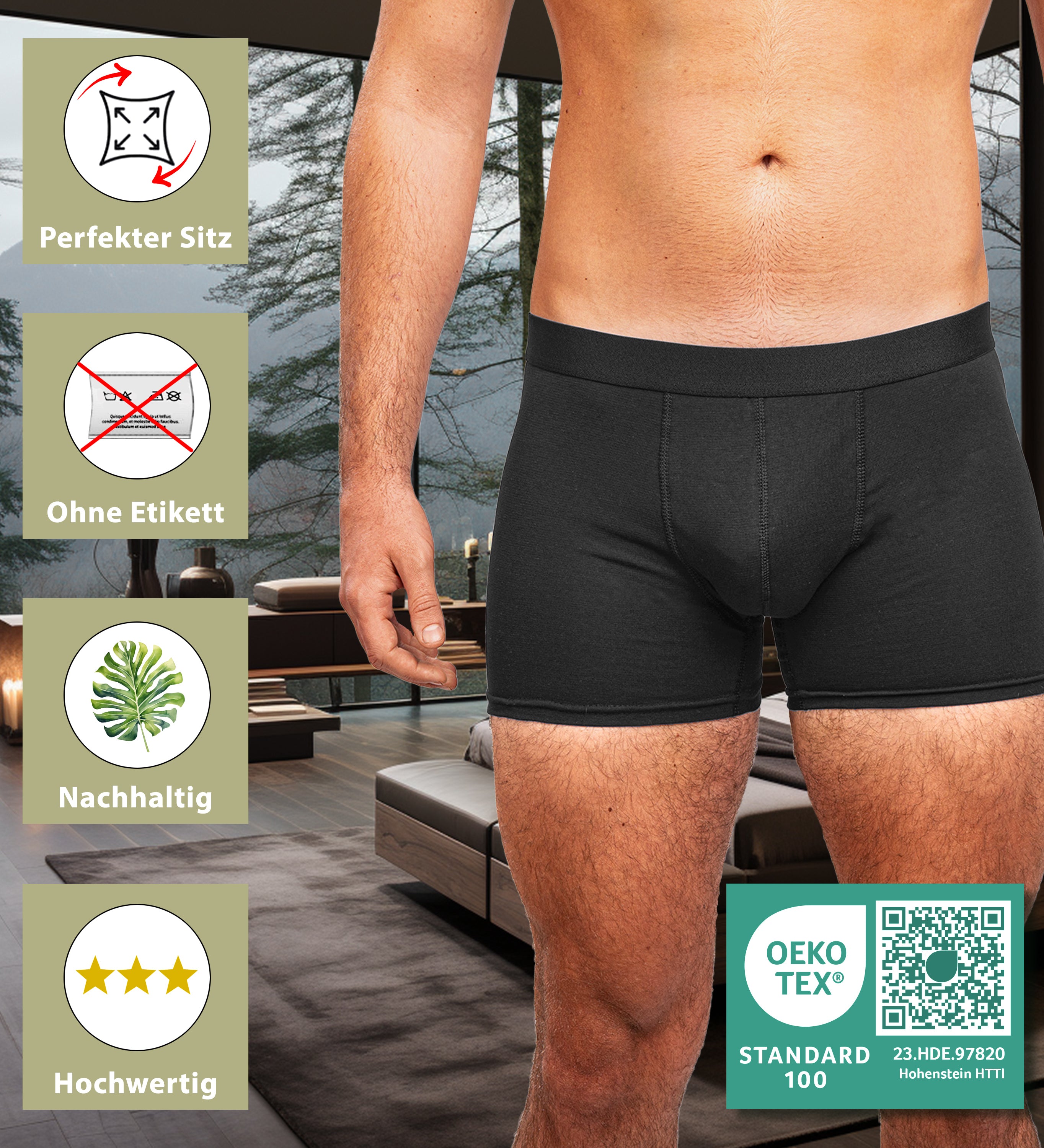 Boxer para hombre, color negro, 95 % algodón, 5 % elastano, certificado ÖKO-TEX-100 