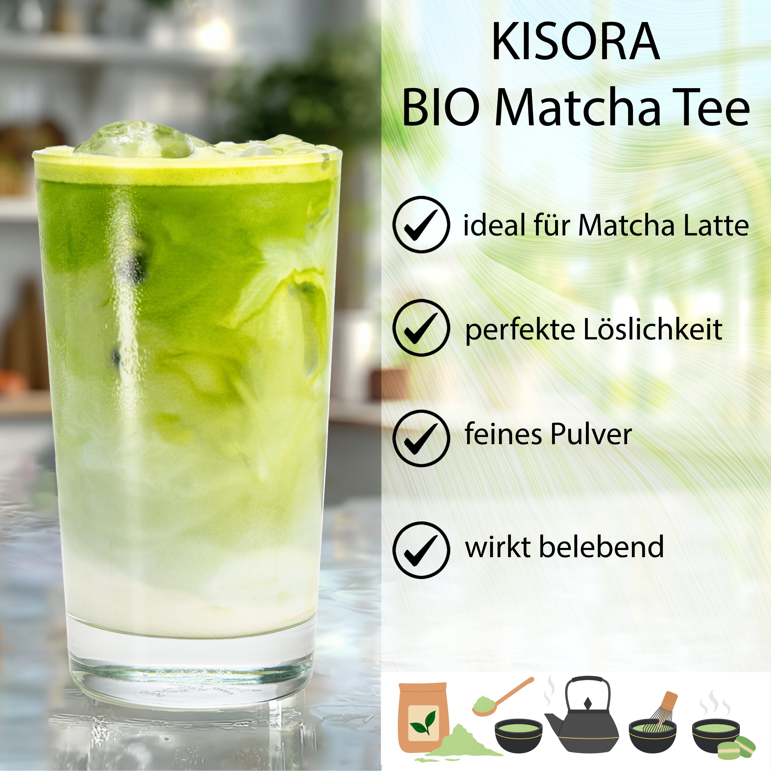 Ceremonial Matcha BIO – 100 g Premium Grüntee Pulver aus China, 100 % Organic Matcha, Marke KISORA