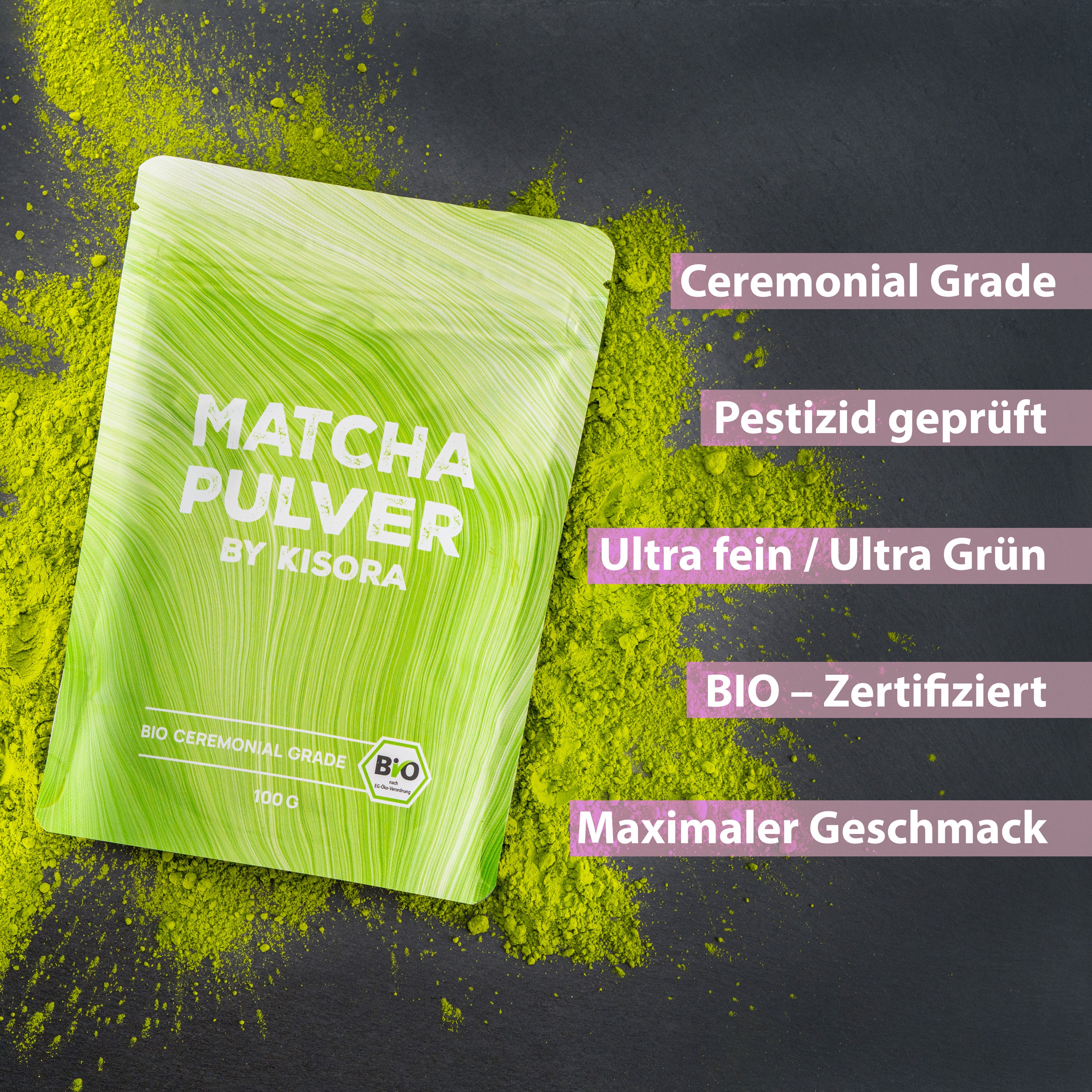 Ceremonial Matcha BIO – 100 g Premium Grüntee Pulver aus China, 100 % Organic Matcha, Marke KISORA
