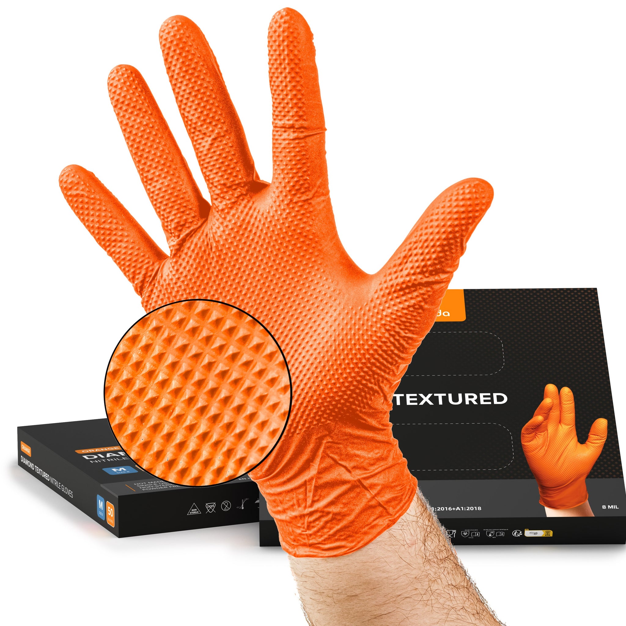 Nitrilhandschuhe Orange 2-3 x Dicker mit Diamant Textur 50 Stück